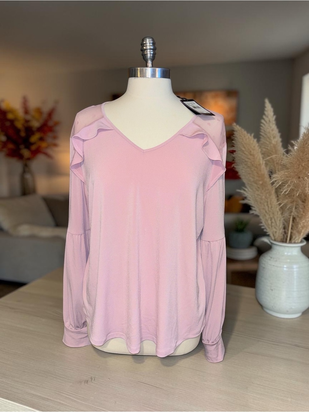 Adrianna Papell Blush Pink V-Neck Long Sleeve Ruffle Top